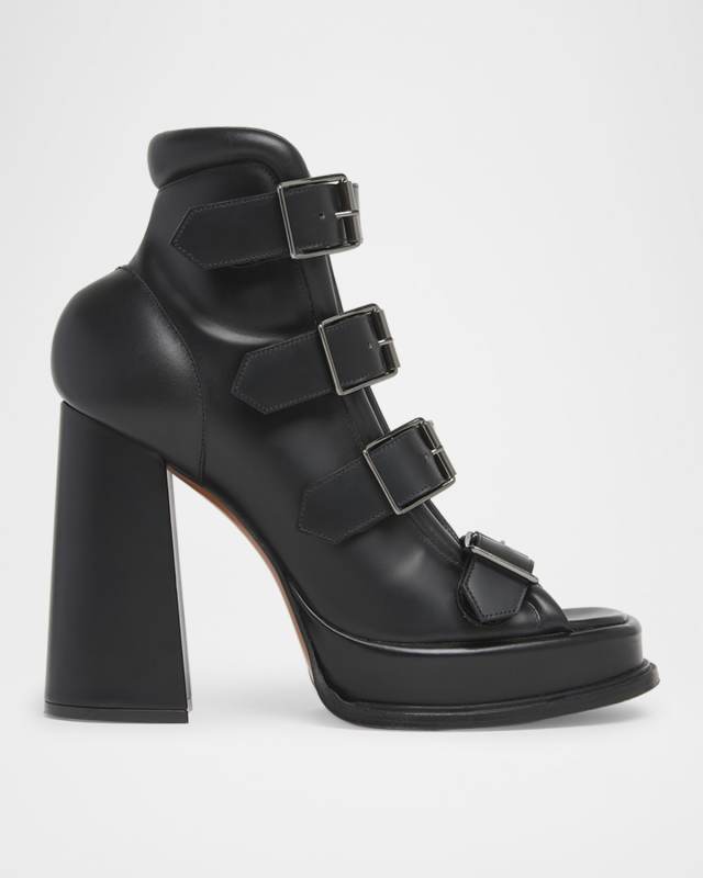 Buckle Leather Peep-Toe Sandals
